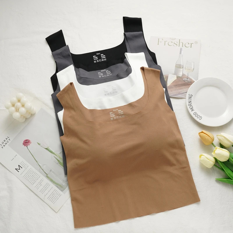 Summer Seamless Square Neck Camisole Women’s Wide Shoulder Fixed Cup One-piece Back Threaded Vest Solid Casual Tops