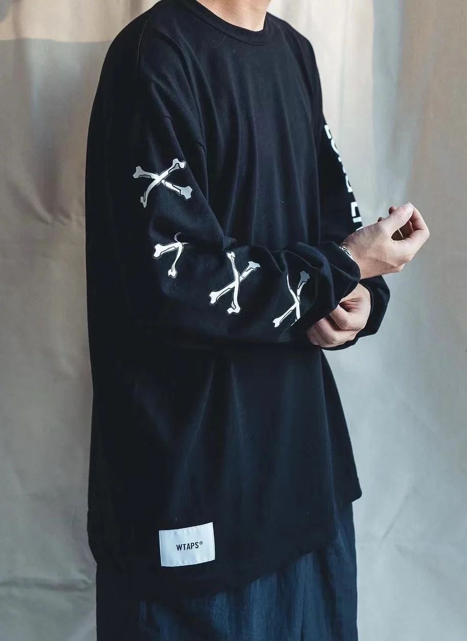 WTAPS 22AW Round Neck Long Sleeve T-shirt Cross Bone Stick Letter Print Pullover Base T-shirt Top