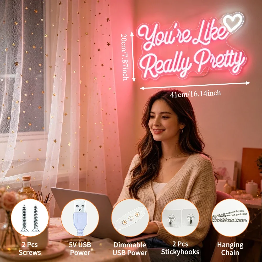 Youre Like Really Pretty Neon Sign LED Heart Love Wall Art Romantic Bedroom Decor USB Reusable Aesthetic Desk Night Light