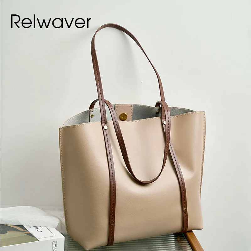 

Relwaver cowhide split leather big tote bag contrast color commuting ladies shoulder bag 2024 winter versatile women hand bag