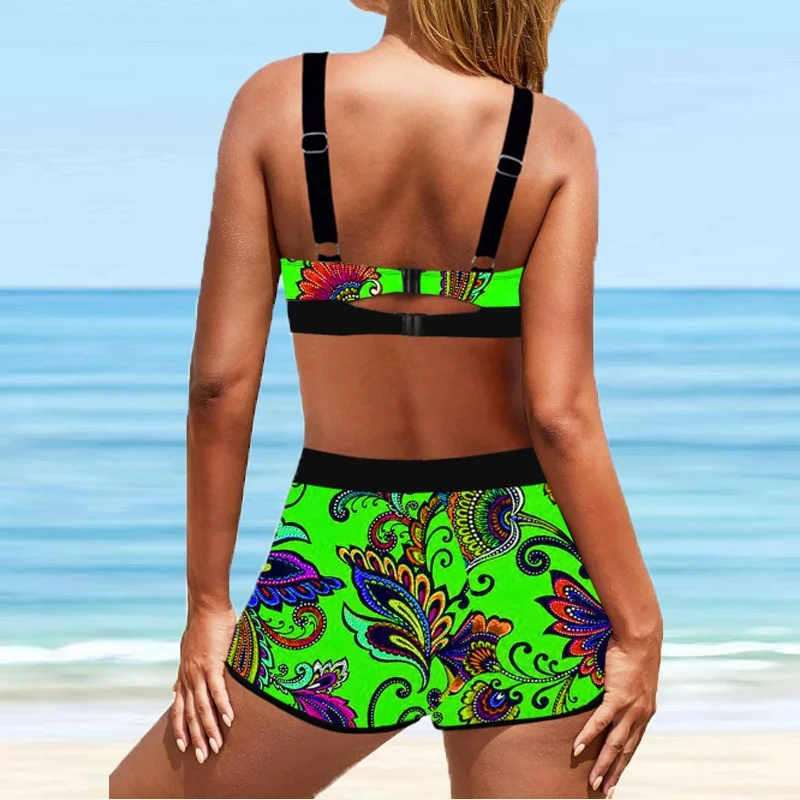 Conjunto de biquíni sexy vintage estampado feminino, maiô feminino tamanho solto, moda praia, moda praia verão, cintura alta, 2 peças, 2022