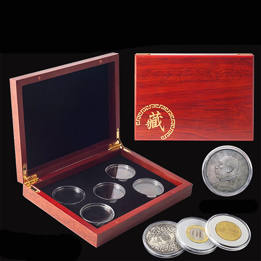 Red Round Coins Case Holders Storage Container Display 27mm 40mm Cases Wooden Box Commemorative Coins Collection Box CY