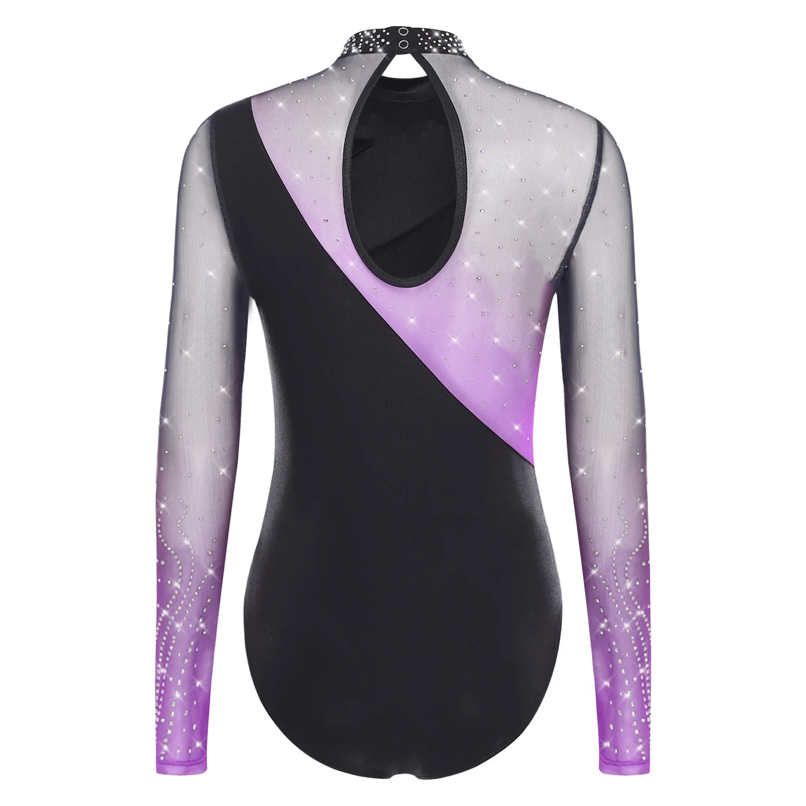 レディースフィギュアスケートダンスレオタードラインストーン長袖流線型スプライス中空ボディスーツバレエ体操トレーニング用