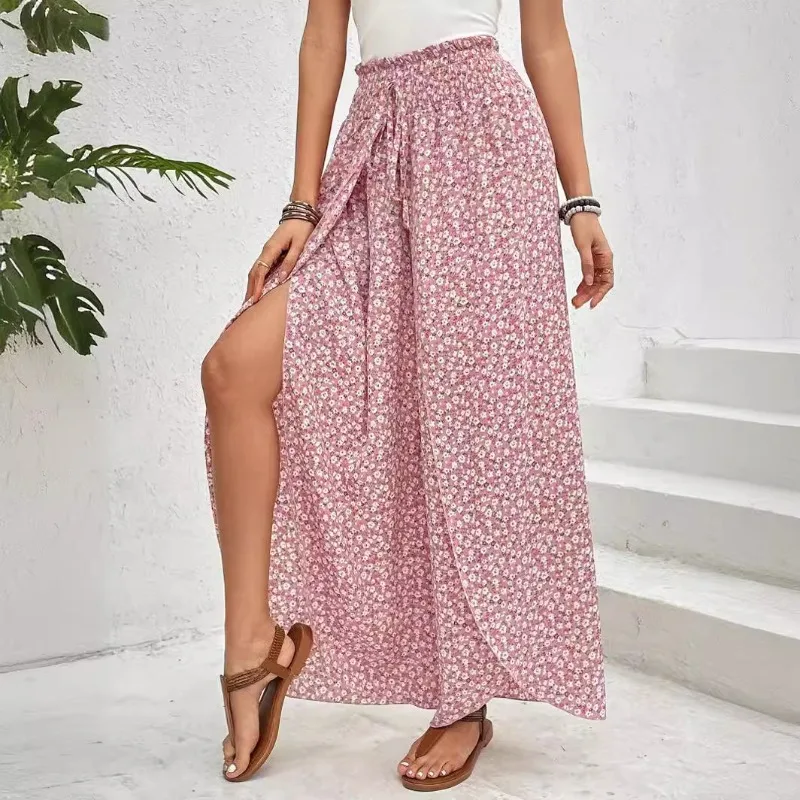 Women's Casual Pants Spring and Summer New Fashion Versatile Floral Side Slit Wide-leg Culottes