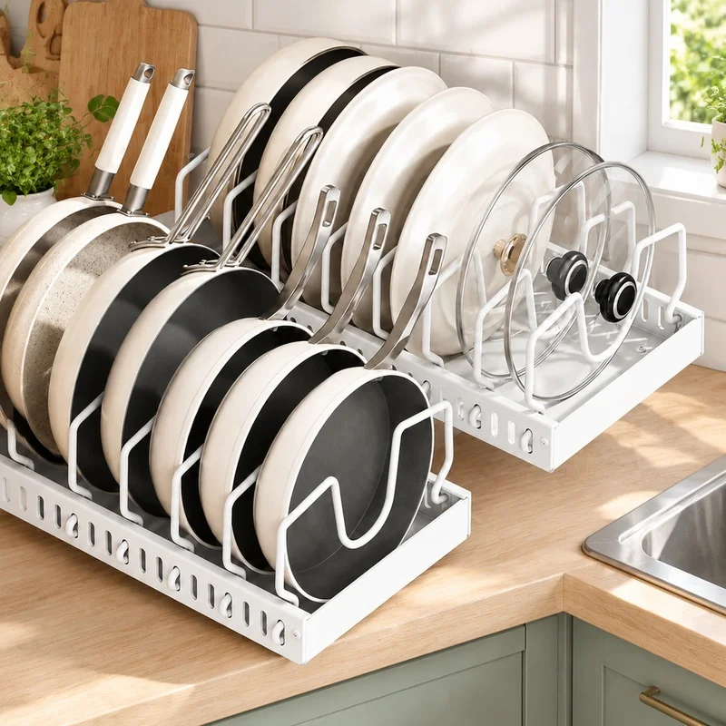 Adjustable Slide-Out Kitchen Drawer Storage Rack for Plates, Bowls, Pan Lids, and Spices