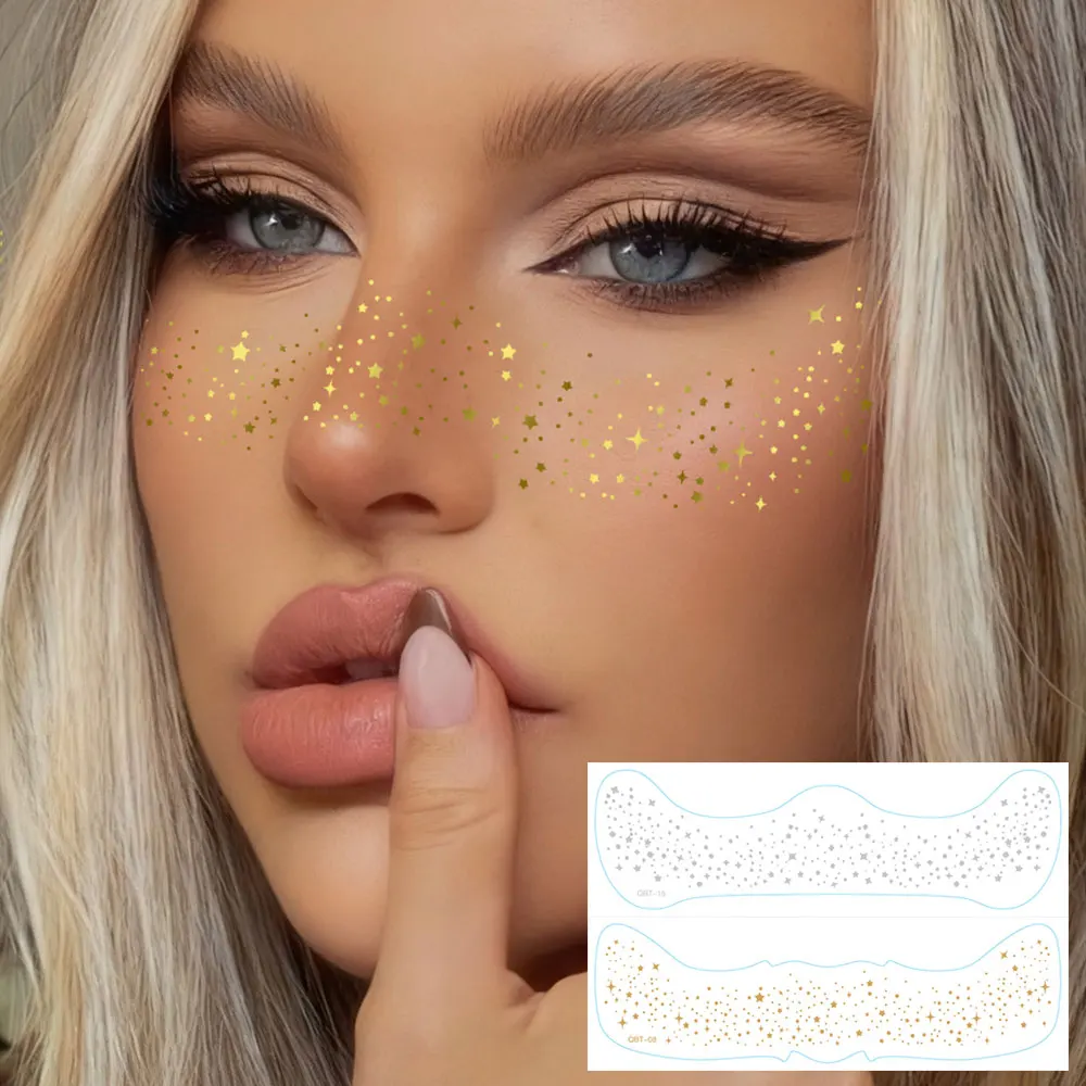 

6 шт., горячее тиснение, веснушки, водостойкая временная татуировка, наклейка, золотистая, серебристая, металлическая, вспышка, блестящая, боди-арт, макияж для лица