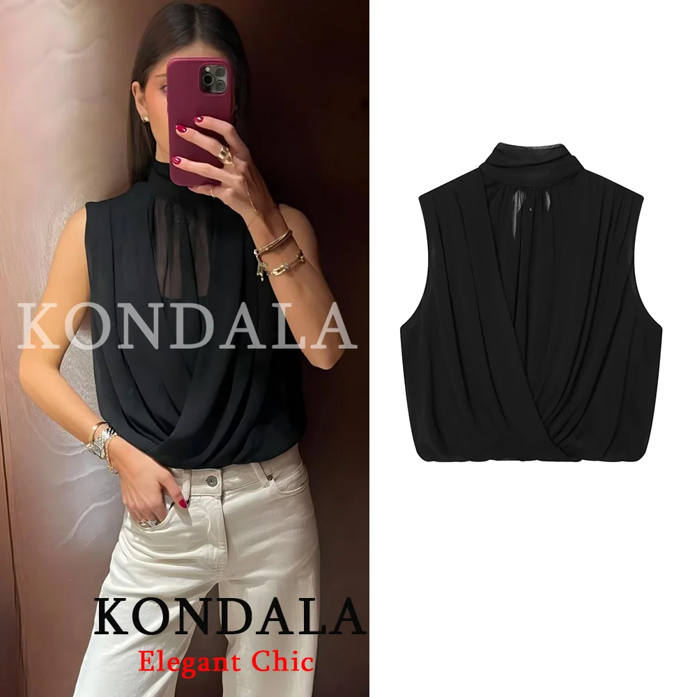 KONDALA Women's Trendy Pleated Balloon Tank Tops Cross-Pleated Sleeveless Tops 2026 Spring Summer Fashion Semi-See Commute Tops
