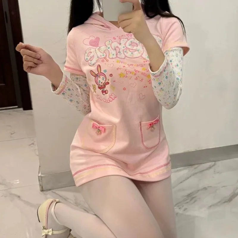 Kawaii Lolita Style Cartoon Bunny Bow Pocket Mini Dress Women Sweet Cute Hooded Dress Y2K Aesthetics Slim Princess Dresses