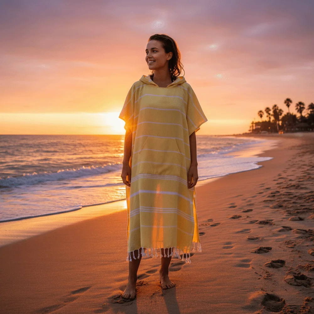 

Wearable Sand-proof Hooded Beach Towel Loose Soft Cotton Surf Poncho Stripe Patchwork Travel Supplies Bathrobe Beach