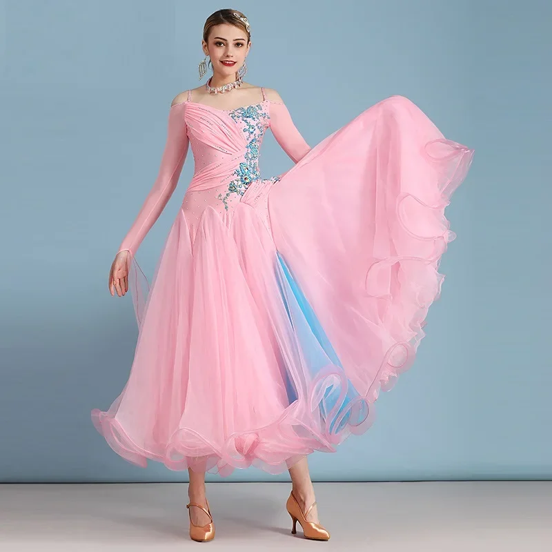

Pink Contrast Color Off Shoulder Ballroom Competition Dance Dress Waltz Dress For Dancing Clothes Rumba Dance Costumes