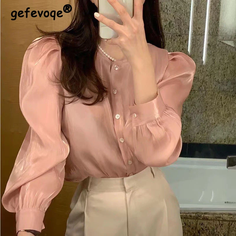 Women\'s Vintage Fashion Luxury Design Button Up Shirt Elegant Chic Puff Long Sleeve Blouse Casual Solid Loose Tops Blusas Mujer