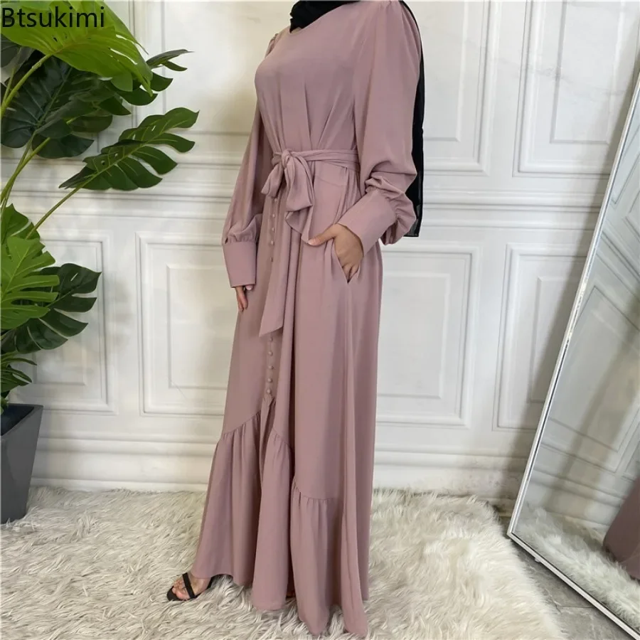 2024 moda Abaya Hijab para mujeres musulmanas de manga larga Patchwork vestido con cordones turco Casual Kaftan bata vestidos de noche para mujeres