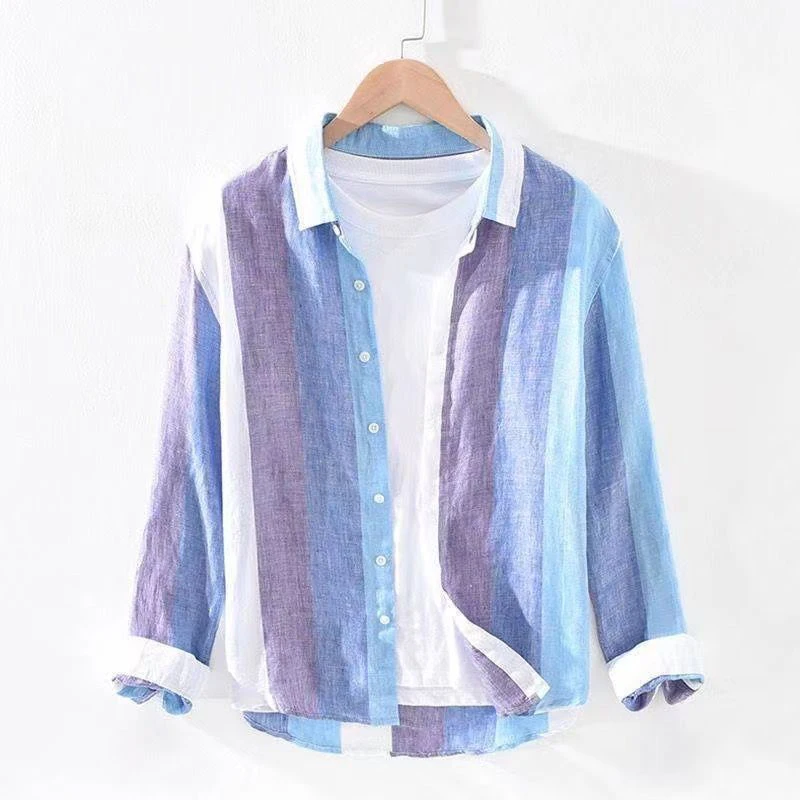Summer Fall Vertical Striped Print Men Long Sleeve Blouse Teenager Japan Style Fashion Simple All-match Oversized Shirt Clothing