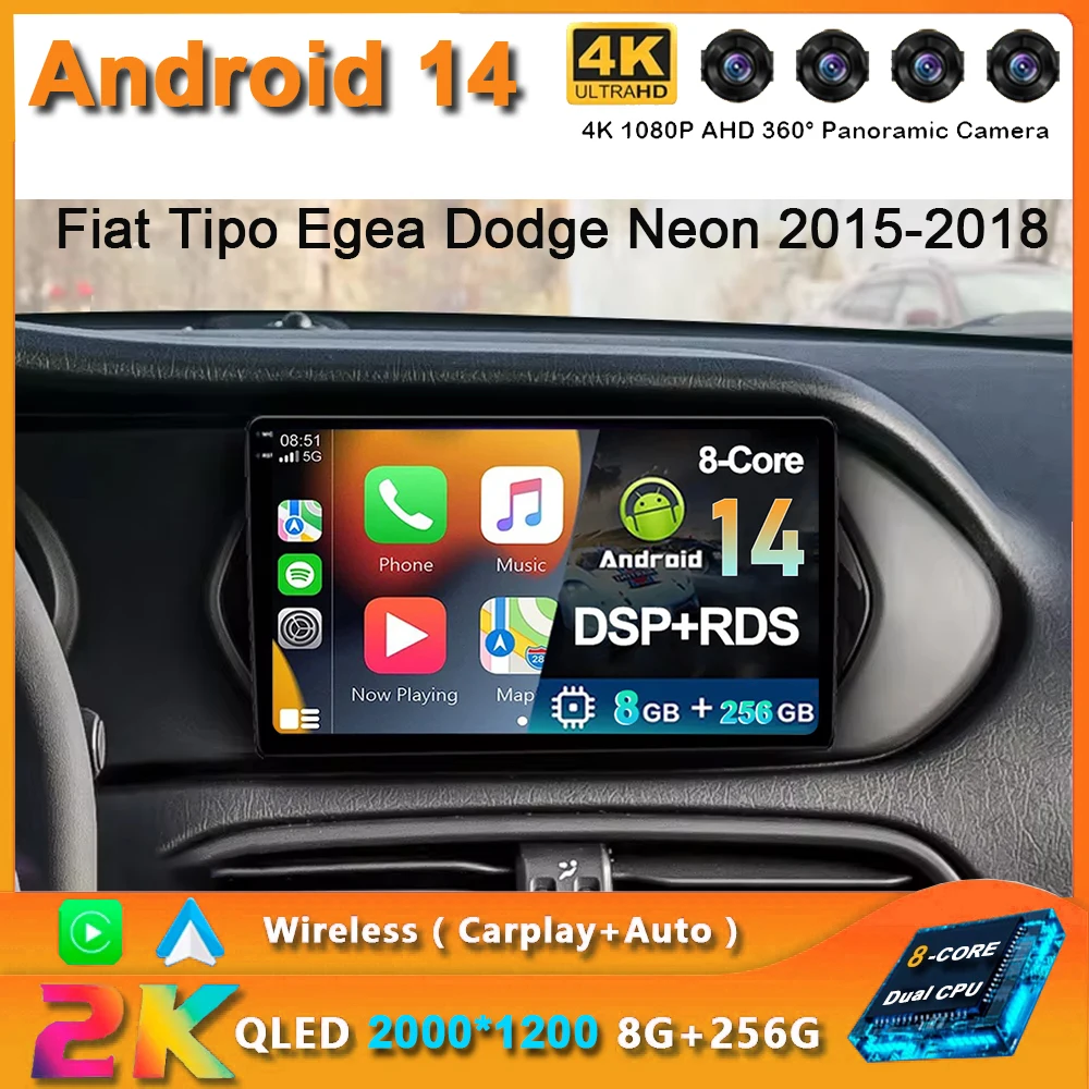 For Fiat Tipo Egea Dodge Neon 2015-2018 2K QLED Android 14 Car Radio Multimedia Video Player GPS AI Voice CarPlay Head Unit