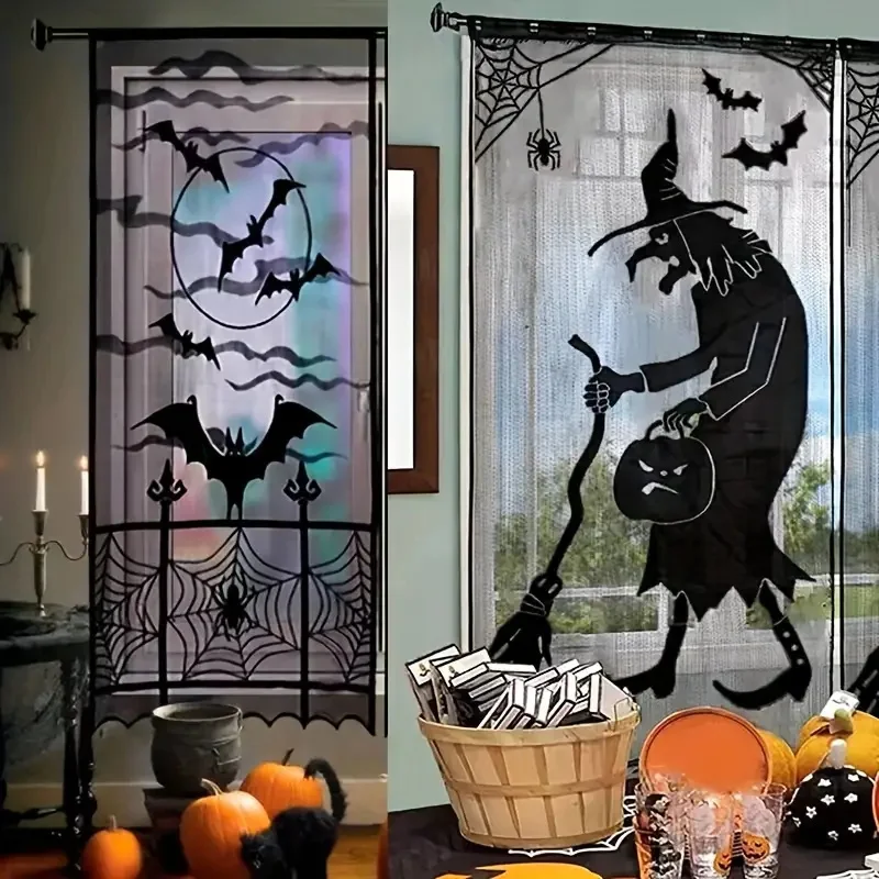 Halloween bat night curtains, with spider web fence pattern, for Halloween party, window and door decorative curtain