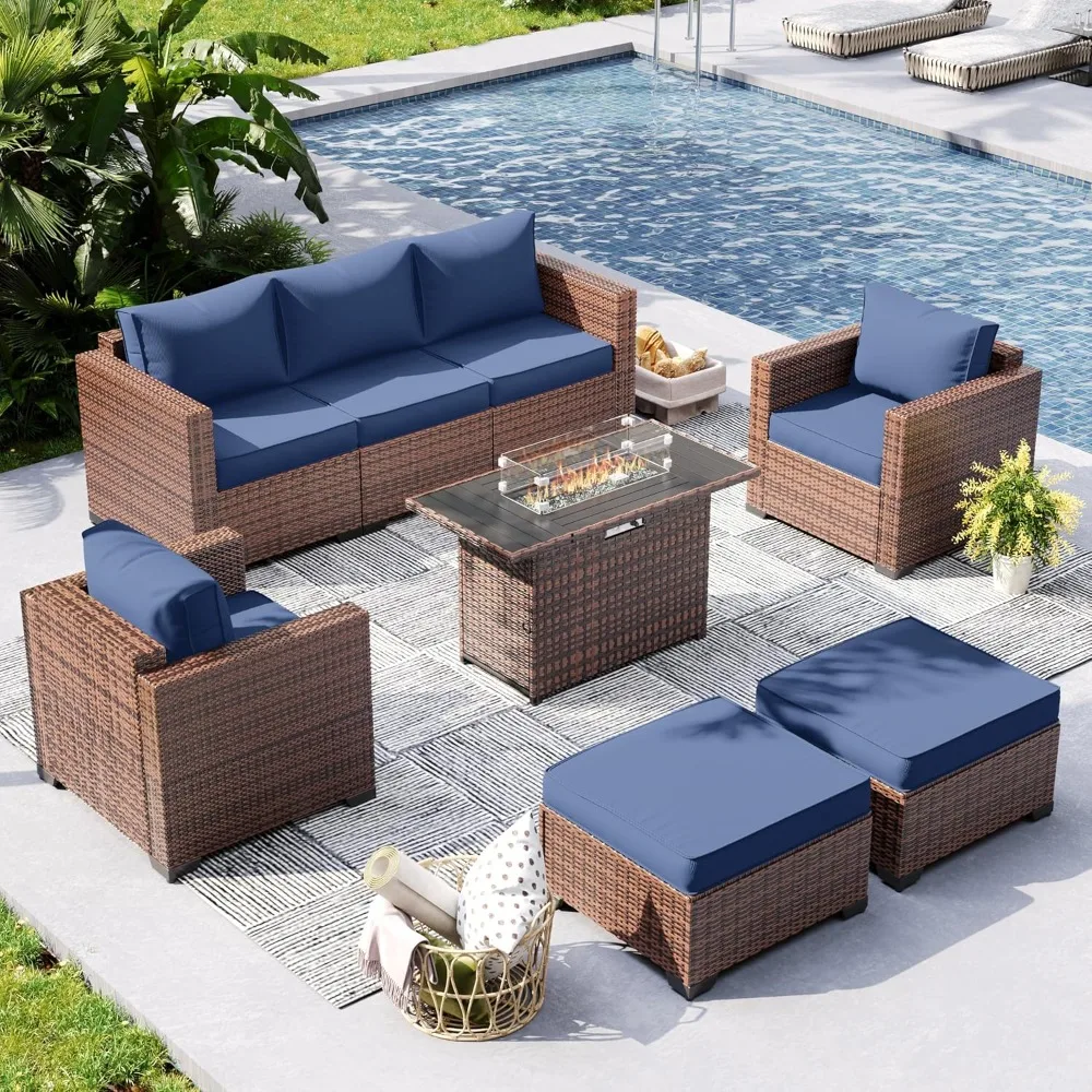 مجموعة أثاث خارجي، بما في ذلك طاولة الموقد، ومجموعة أثاث ترفيهي خارجي مكونة من 6 قطع، وأريكة خارجية من الروطان وعثمانية #2