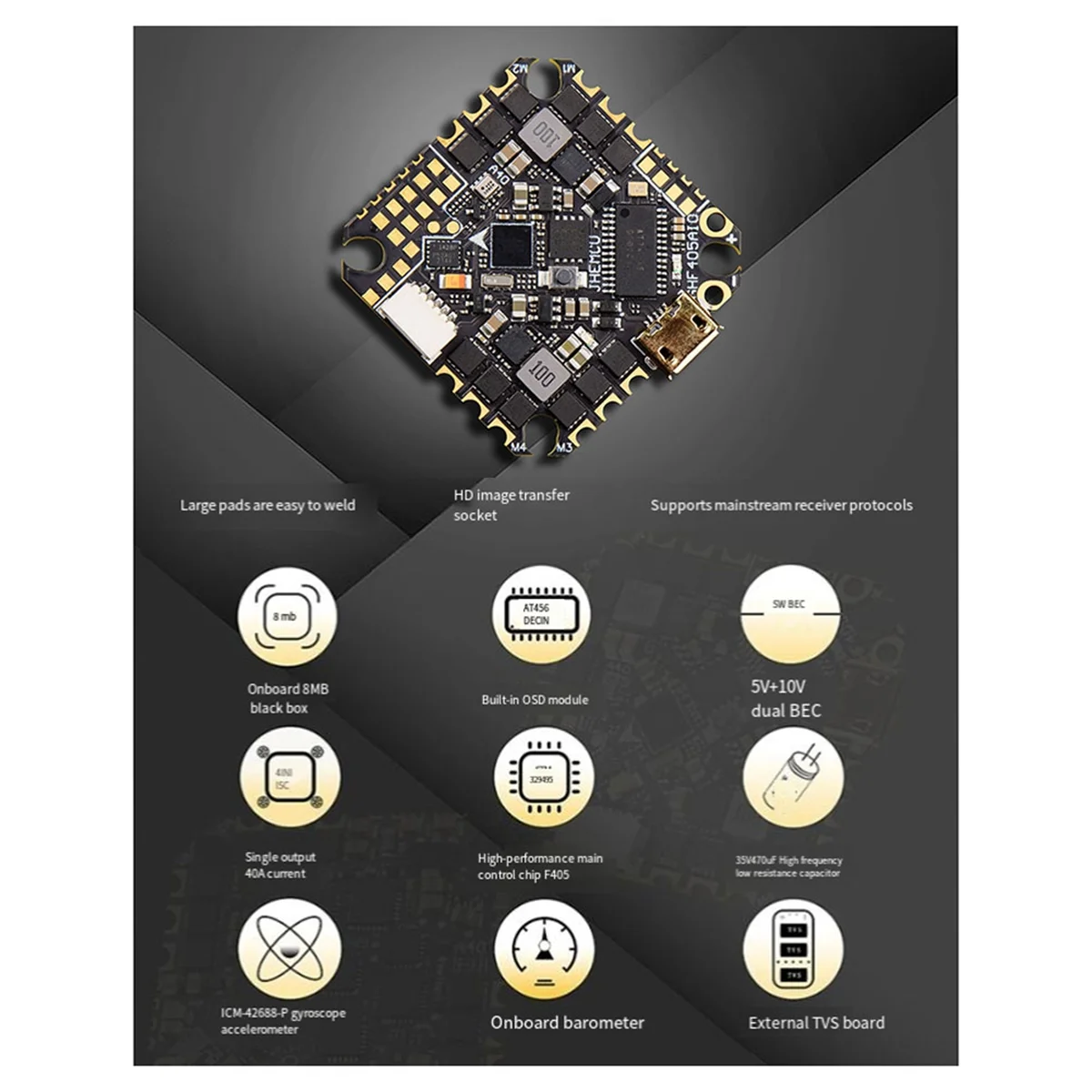 GHF405AIO-HD 40A AIO Flight Controller F405 F4 Build-in OSD Blheli-S ESC 2-6S Lipo for RC FPV Toothpick Racing Drone&Y96A