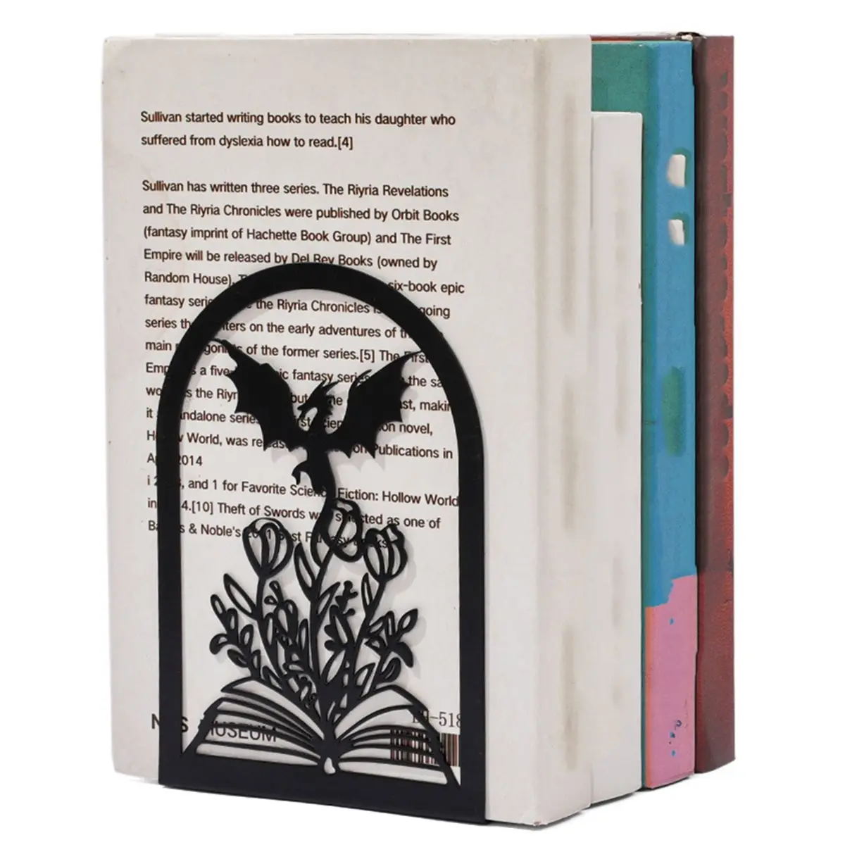 Eco-friendly Fourth Wing Dragon & Floral Metal Bookends Book-Shaped Shelf Stoppers, Non-Slip Fantasy Decor