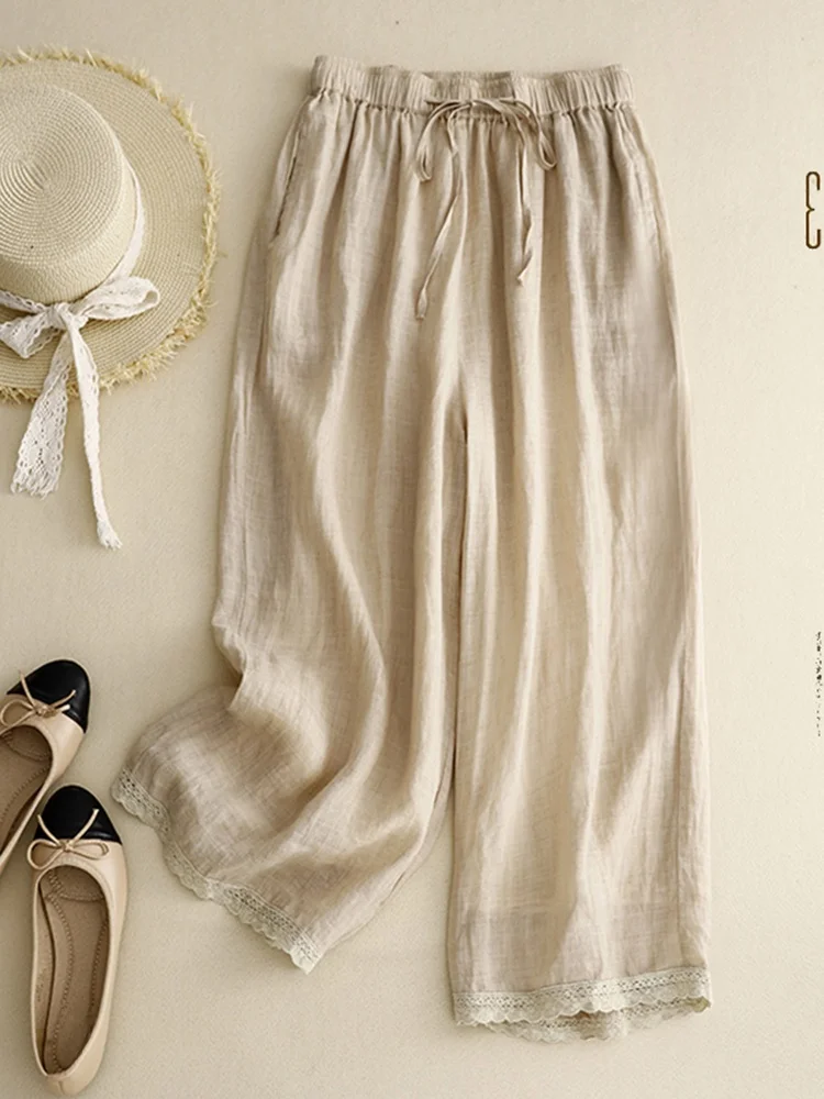 

High Waist Wide Leg Pants Color Linen Thin Nine Points Casual Straight Cut Loose Fit Summer Faion plus Size Women's C...