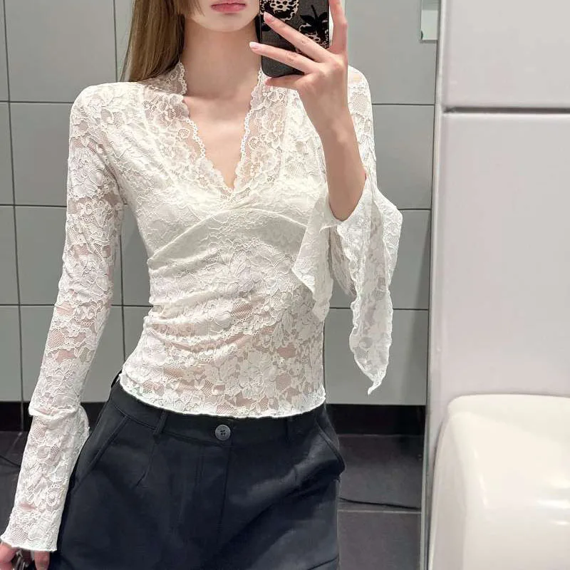 Women Tops V Neck Lace Micro Transparent Loose Sleeve Slim Fit Solid Color Simple Fashion Casual Daily Versatile Long Sleeve Top