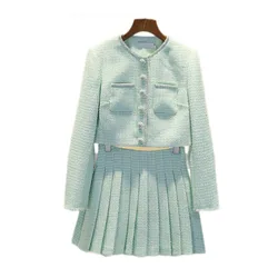 Luxury Quality Autumn Single Breastsed Diamonds Tweed Two Piece Set Women Jackets Shorts Skirts Green 2pcs Sets Beading Outfits