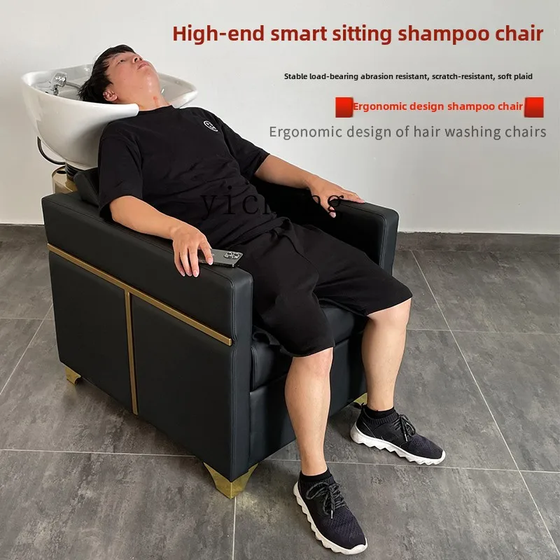 ZC Barber Shop Small Shampoo Bed Seated Shampoo Hair Lounge Chair Ceramic Basin Deep Basin Flushing Bed