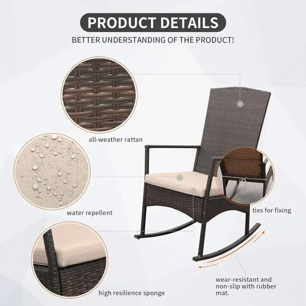 Outdoor HDPE Wicker Rocking Chair 3-Piece Patio Rattan Bistro Set 2 Rocker Armchair and Glass Coee Side Table urniture Washable view 5