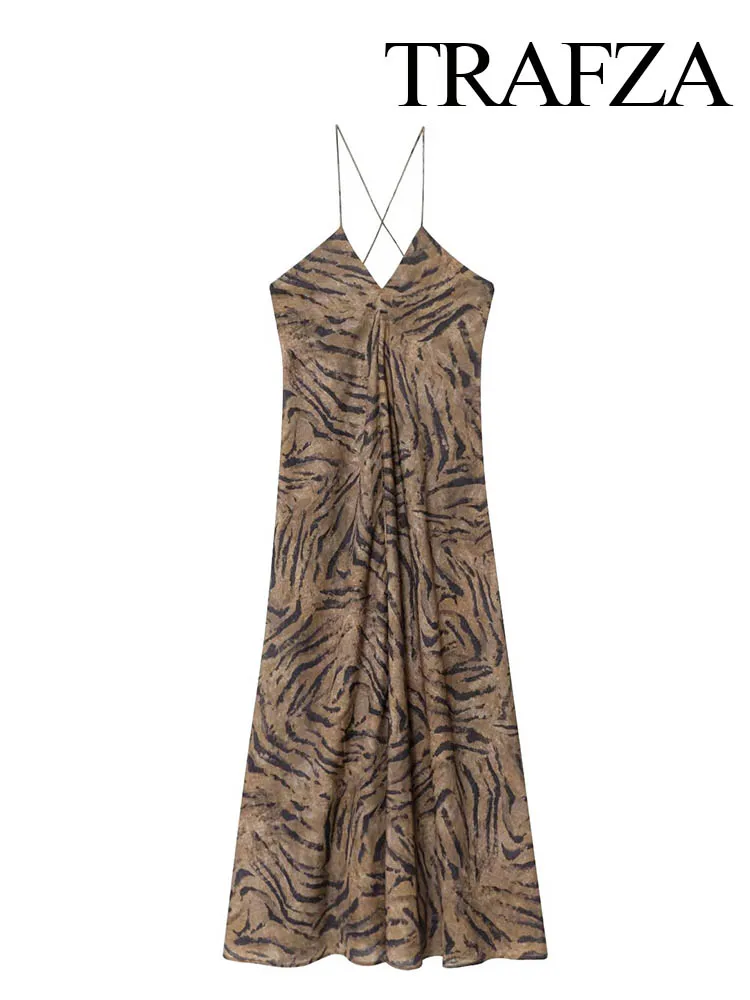

TRAFZA 2025 Woman Fashion Stripe Print V-Neck High Street Midi Dress Women Elegant Sexy Sleeveless Backless Slim Holiday Dress