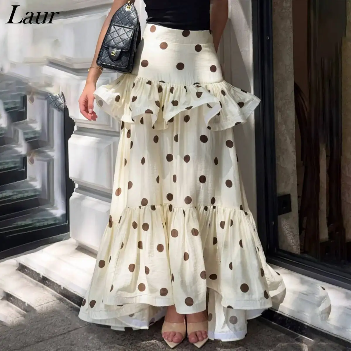2026 New Women High Waist Polka Dot Ruffle Tiered Maxi Skirt Matching Tee Elegant Holiday Daily Slim Flowy Two Piece Dress Set
