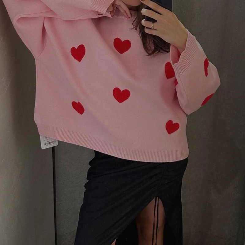 Cute Jumpers Women Heart Pink Fall Winter Spring Sweaters Long Sleeve Sweater Jumpers Elegant Streetwear Y2k Tops Short Jumper