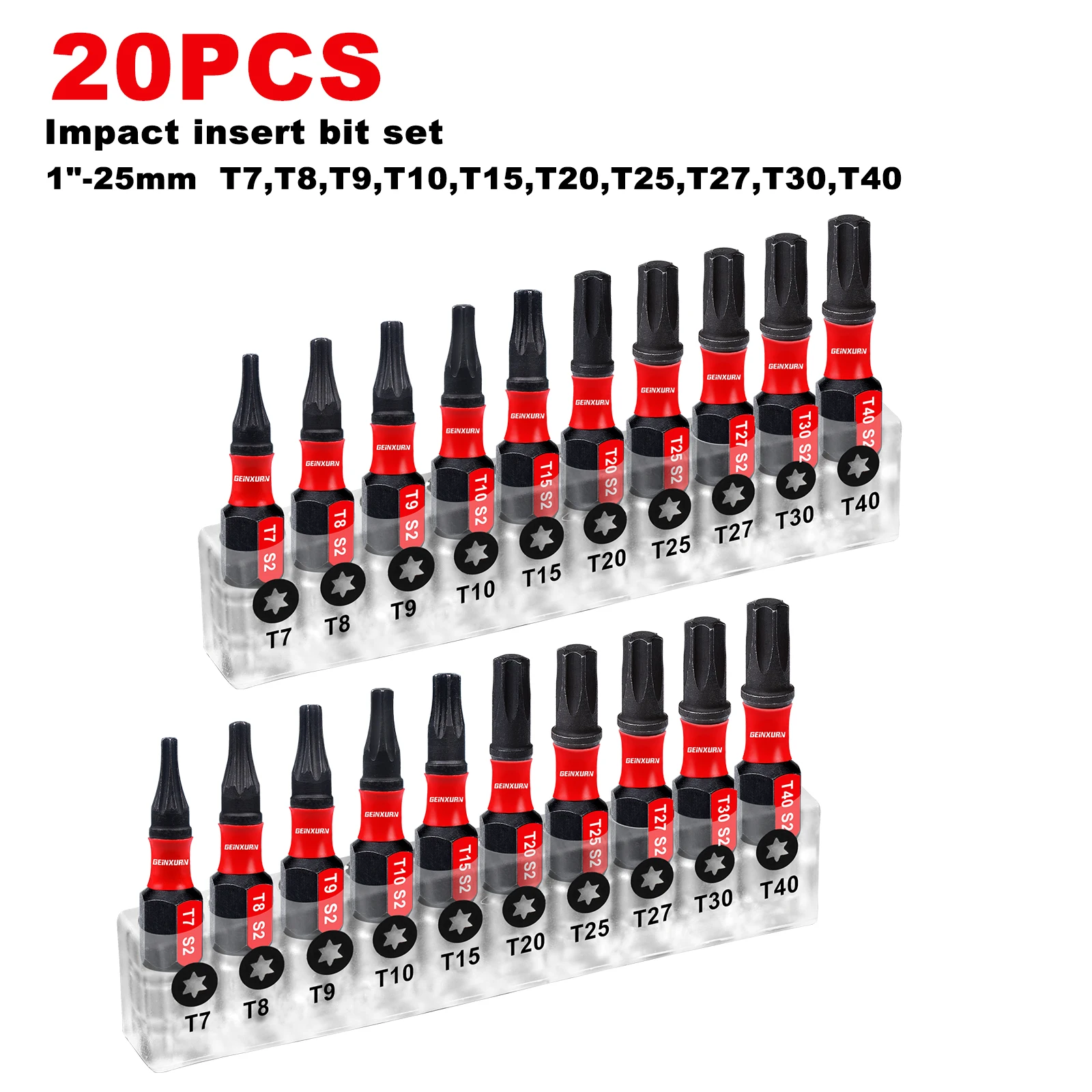 Geinxurn 1 inch T7-T40 Torx-schroevendraaierbitset, slagvast magnetisch S2 gelegeerd staal sterbit met Sase