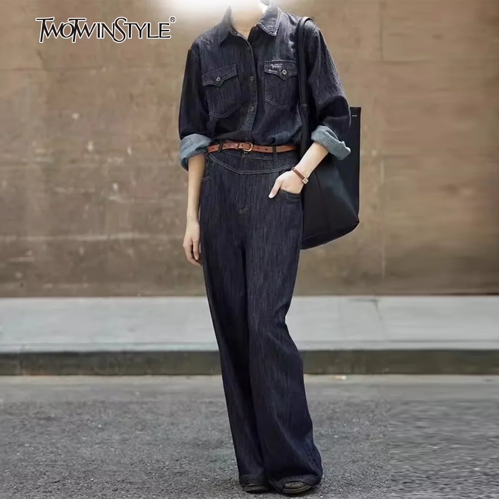 

TWOTWINSTYLE однотонный джинсовый комплект из двух предметов для женщин, топ с длинными рукавами и лацканами, широкие брюки, свободный комплект, женская мода
