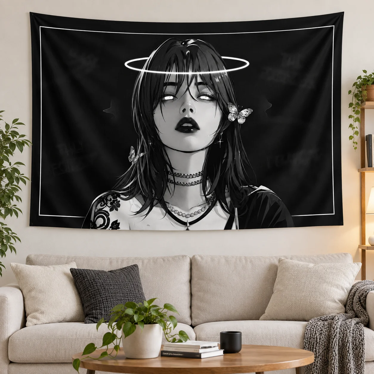 Gothic Grunge Girl Wall Tapestry, Black & White Aesthetic Halo Butterfly Art Wall Hanging, Dark Style Wall Cloth for Bedroom