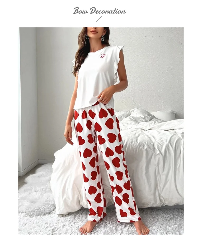 Herz & Brief gedruckt Damen Pyjama Pj Set weiche Kurzarm Tops & elastische Taille Hosen Pyjama Pijama Femme Casual Home Kleidung – Detail 6