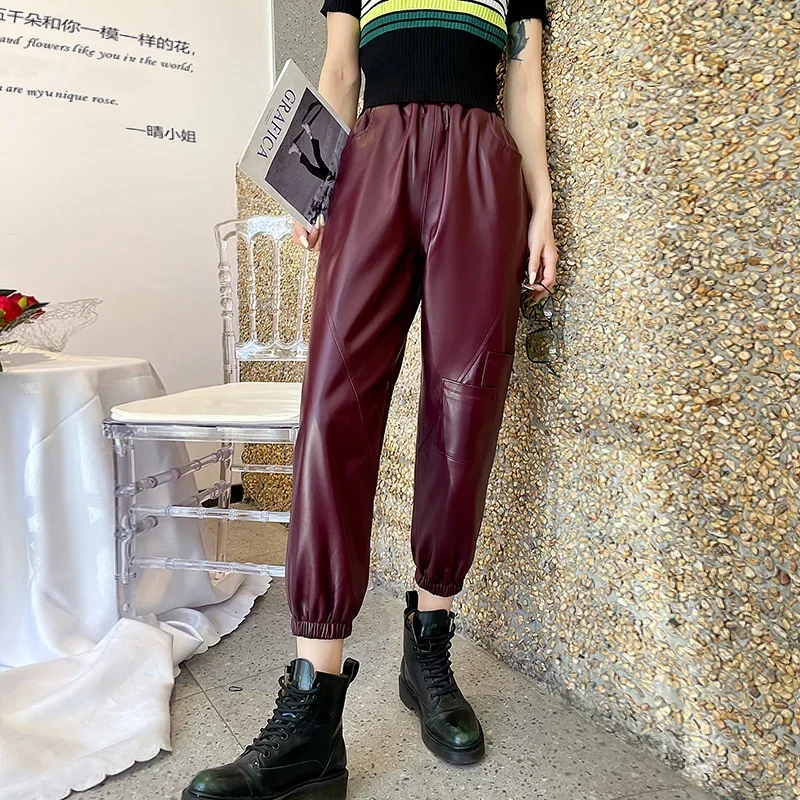 Tajiyane Autumn Winter Real Sheepskin Leather Pants Women Elastic Waist Pure Leather Harem Pants Women Casual Pants Streetwear