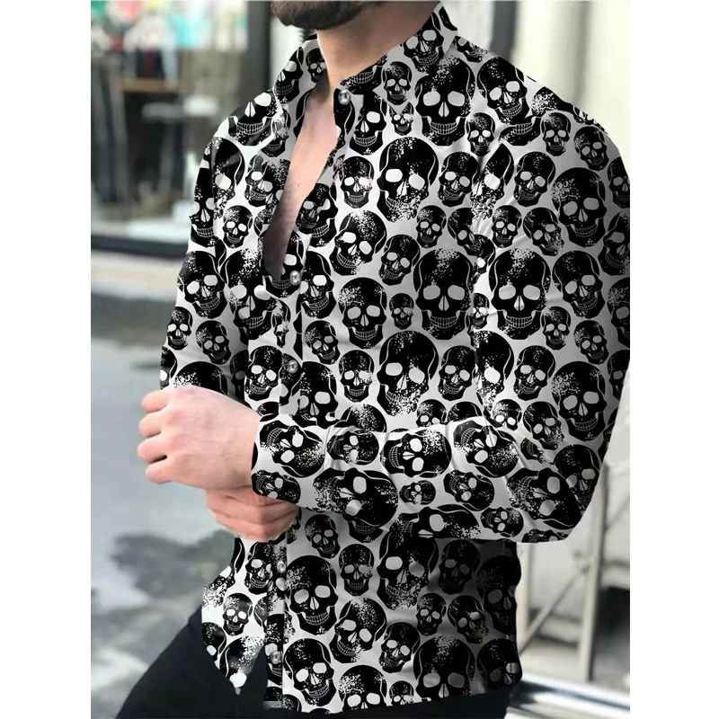 2026 New Men's Skull Long Sleeve Shirt Top Social Print Fashion Luxury Floral Outfit Casual Plus Size Y2k T-Shirt Streetwear