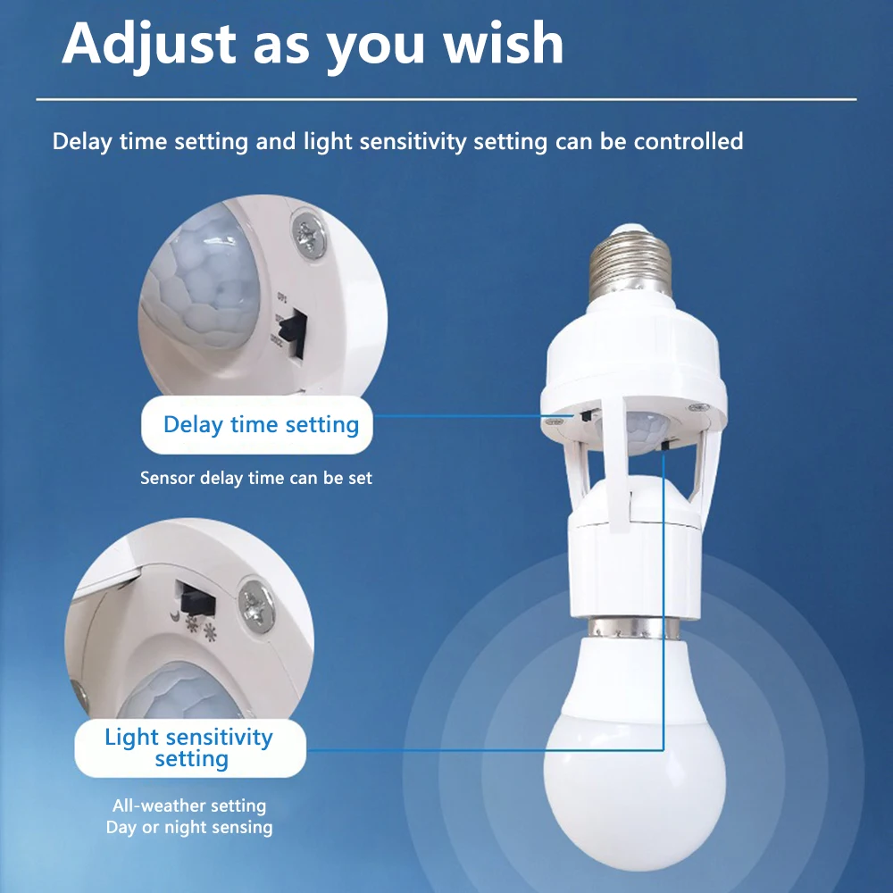 Motion Sensor ฐานโคมไฟ LED E27 SOCKET Converter AC100-240V ผู้ถือหลอดไฟอะแดปเตอร์สวิทช์ปรับ PIR Human Induction
