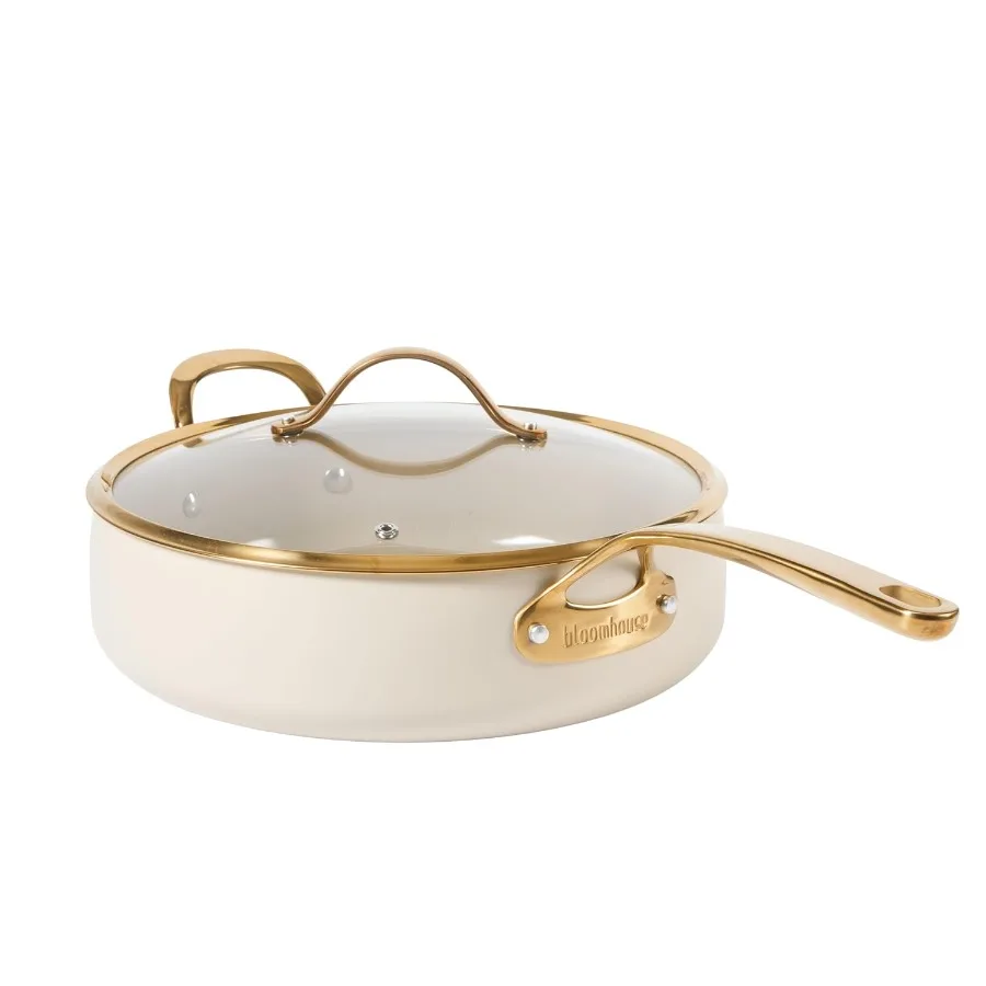 

6 QT Heavy Duty Aluminum Premium PFA Free Ceramic Nonstick Saute Deep Frying Pan Skillet with Lid Almond Cream w Gold Handle