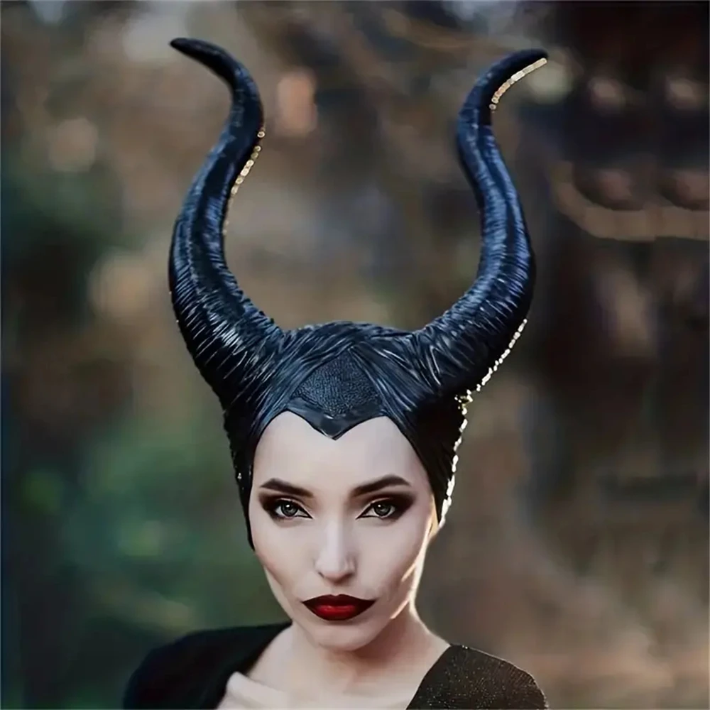 Queen/Women Demon Black Large Horn Tiara Hat Head Cover Maleficent Witch Headgear Movie Peripheral Halloween Cosplay Party Props