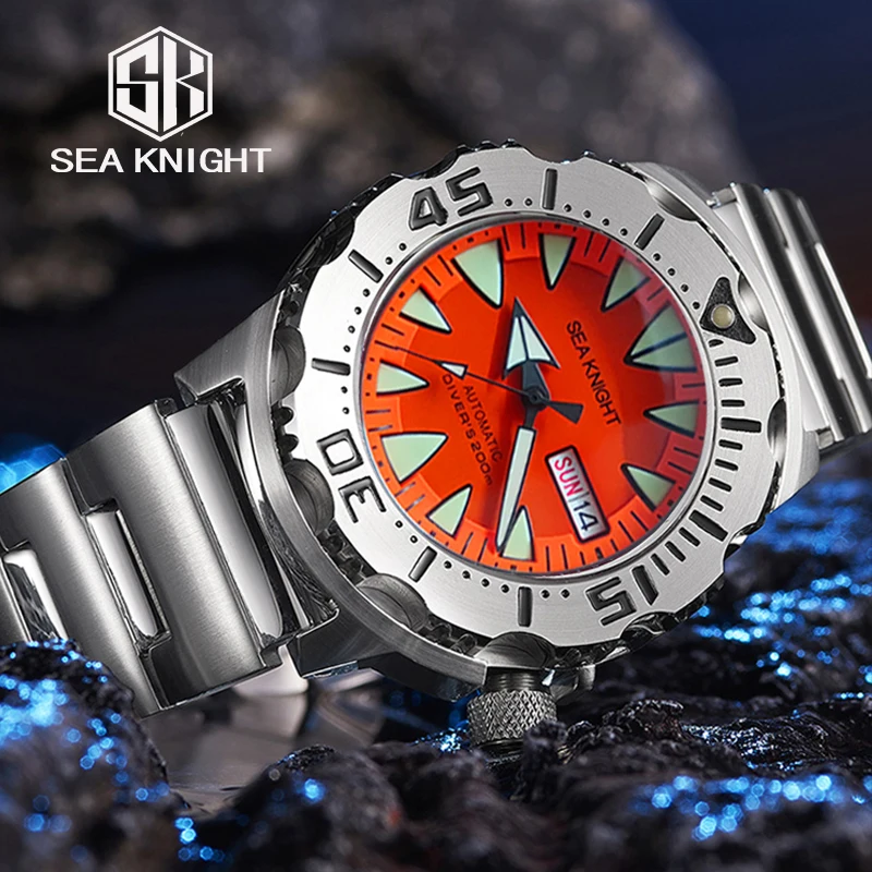 Sea knight Monster Automatic Watch Men NH36A Men\'s Mechanical Watches Sapphire Vintage Red Dial Green Luminous 200M Diver Watch