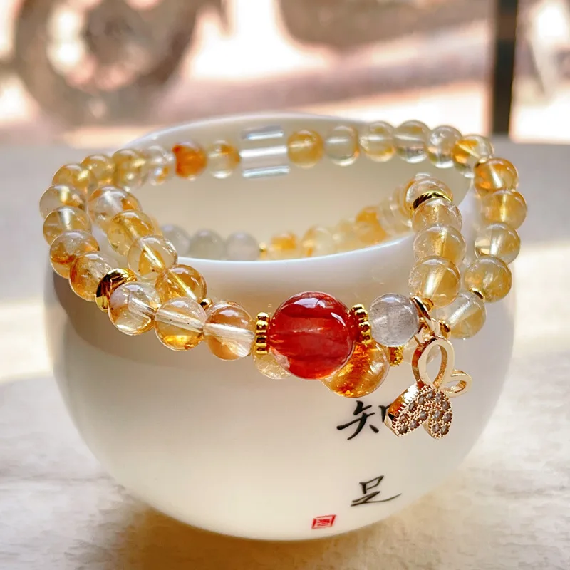 Natural Dual-Layered Yellow Crystal Beaded Bracelet with Red Rutilated Quartz Energy for Abundance and Success Hologram Bracelet