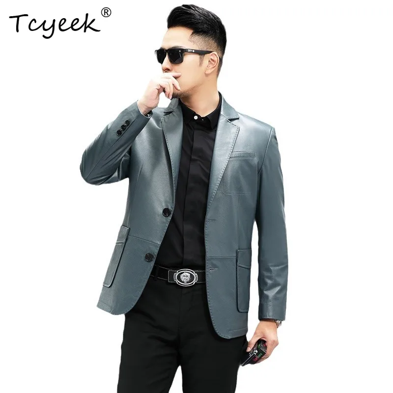 Tcyeek Top Layer Cowhide Real Leather Jacket Men Business Casual Suit Coats Autumn Mens Clothes Trendy Thin Jaqueta De Couro