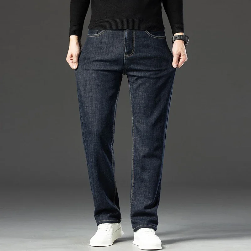 الرجال الخريف الشتاء صوف مبطن سميكة الجينز الذكور فضفاضة مستقيم مرونة الدنيم السراويل الدافئة الذكية بناطيل كاجوال #2