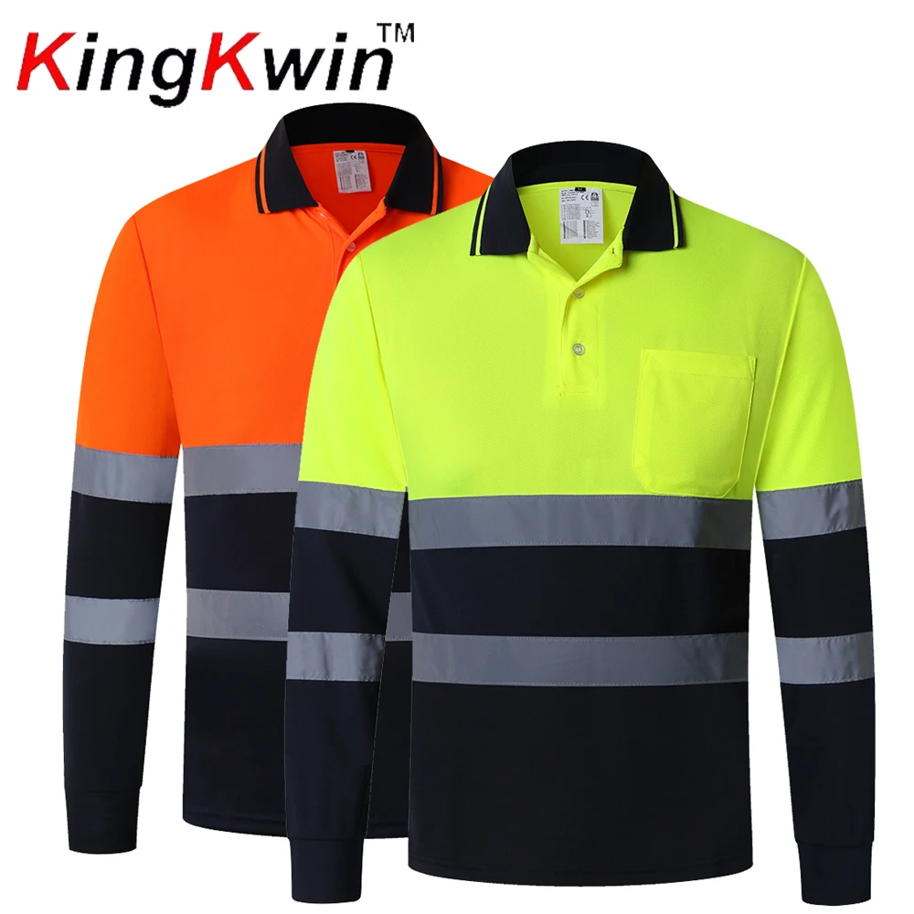 Men's Yellow Navy Safety Shirts Long Sleeve Reflective High Visibility Work Polo Shirt Workwear Clothes