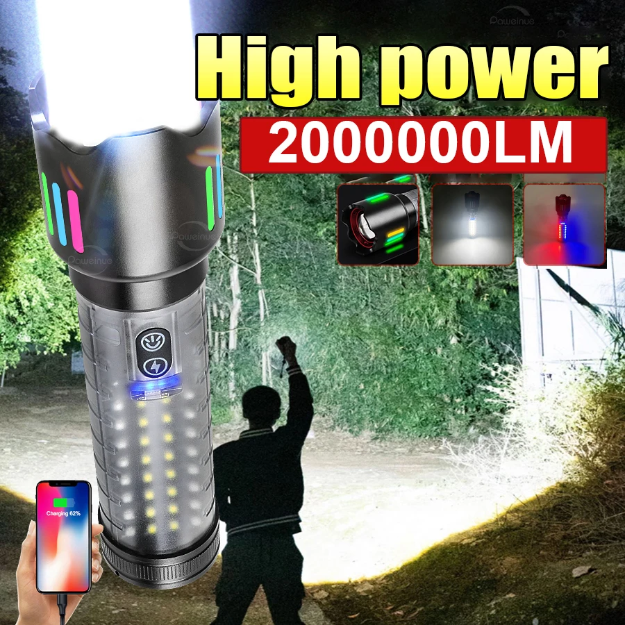 2000000LM Flashlight with COB Side Light Fluorescent TYPE-C USB Rechargeable Powerful Tactical Torch Outdoor Camping Lantern
