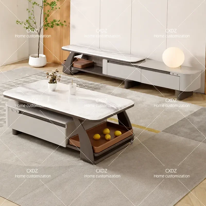 Modern Cream Style TV Cabinet and Coffee Table Set Light Luxury Floor Standing Storage Unit for Small Apartment Living Room