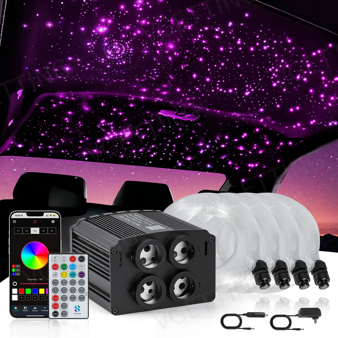 

4 Port Twinkle Car Roof Star Light Fiber Optic Light Ceiling Starry Sky Lamp RGBW APP Music Remote Control Interior Atmosphere