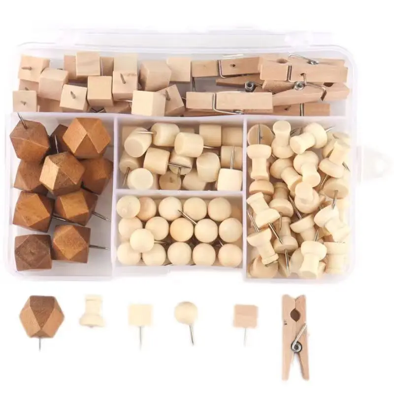 Nonvor 128pcs Wood Push Pins Thumb Tacks Kit 13 Types Arts Crafts Head Pins for Photos Wall Decoration Home Bulletin Board