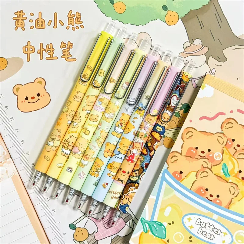 24pcs Butter Bear Gel Pen Cartoon Cute 0.5mm Black Press Sign Pen Independent Packaging Student Stationery Wholesale