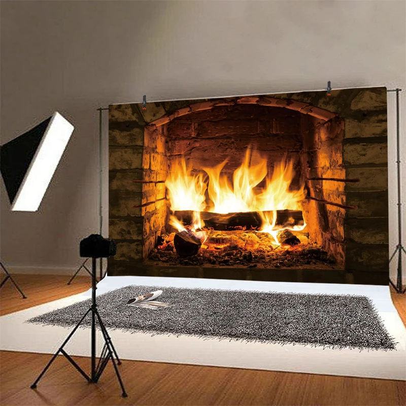 Fondale del camino per la fotografia stanza interna tronchi di fuoco muro di mattoni ritratto del bambino sfondi Photozone Banner per fotochiamate in vinile
